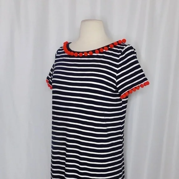 BODEN Bridget Jersey Knit Dress Navy White Stripe Red Pom Poms Shift Size 6 - Picture 9 of 16